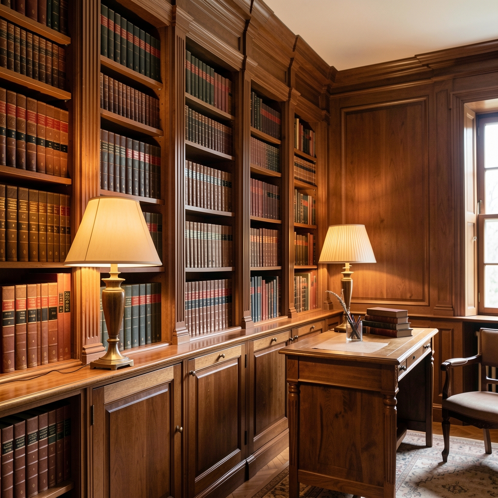 Wnętrze klasycznej biblioteki z drewnianymi półkami pełnymi oprawionych w skórę książek, ciepłe bursztynowe światło lamp, spokojne otoczenie sprzyjające badaniom